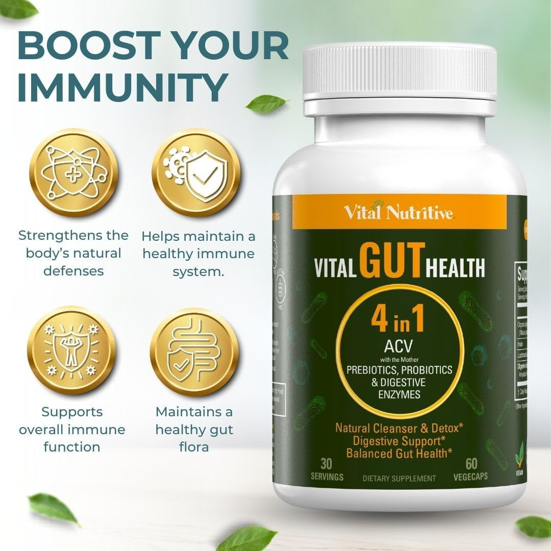 Vital Gut Health 4In1 Formula with Apple Cider Vinegar, Prebiotics & Probiotics, Digestive Enzymes for Strong Immunity Support and Complete Gut and Digestion Support- 30 Days Supply