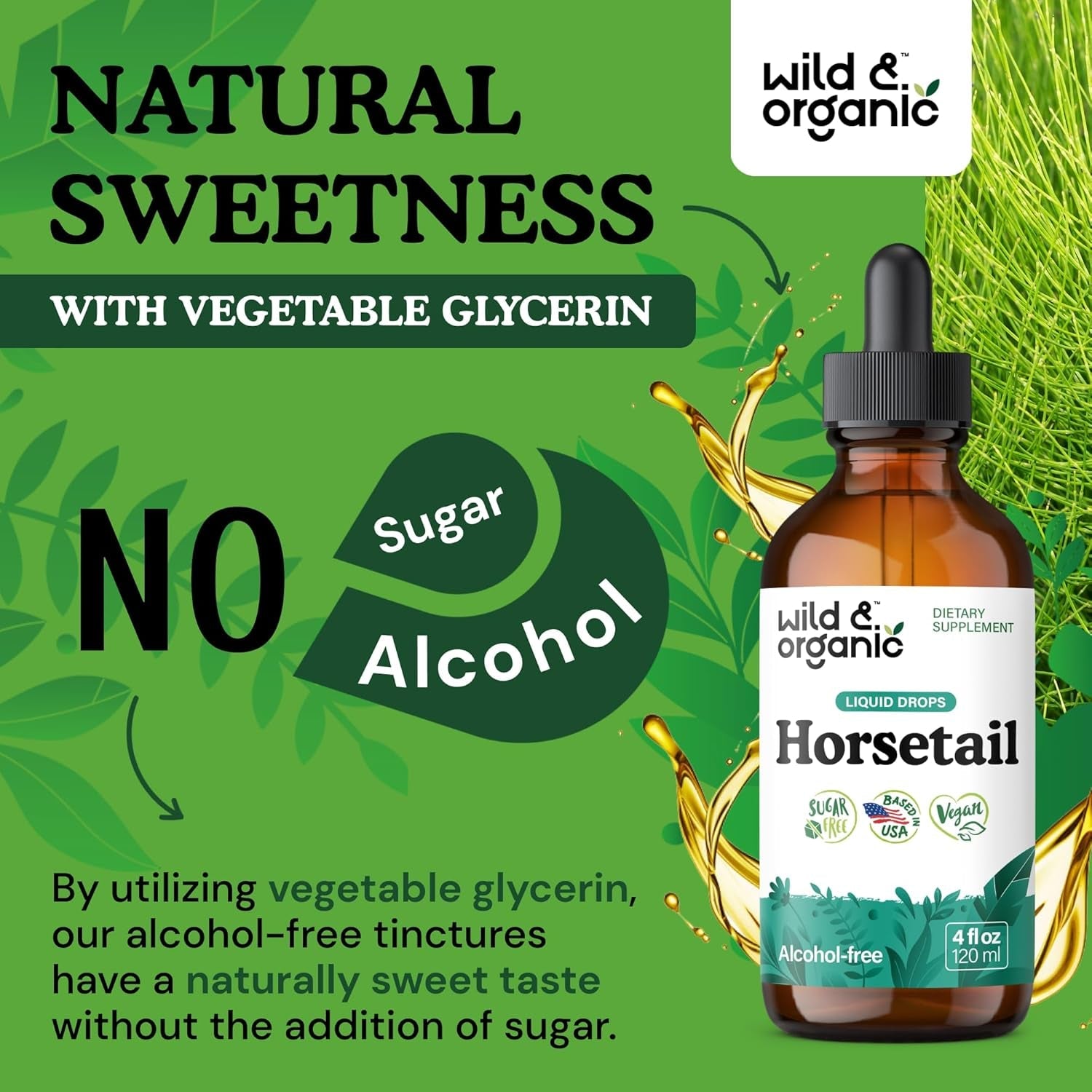 Wild & Organic Horsetail Herb Tincture - Hair Skin and Nails Support - Liquid Horsetail Supplement - Vegan, Sugar & Alcohol-Free Leaf Extract Drops - 4 Fl Oz