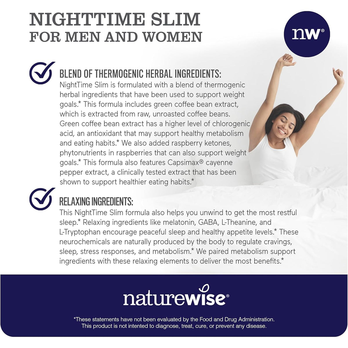 Naturewise Nighttime Fitness Support Supplement & Natural Sleep Aid with Cayenne Extract, Green Coffee Bean, GABA, L-Theanine - Vegetarian, Non-Gmo - 60 Capsules[1-Month Supply]