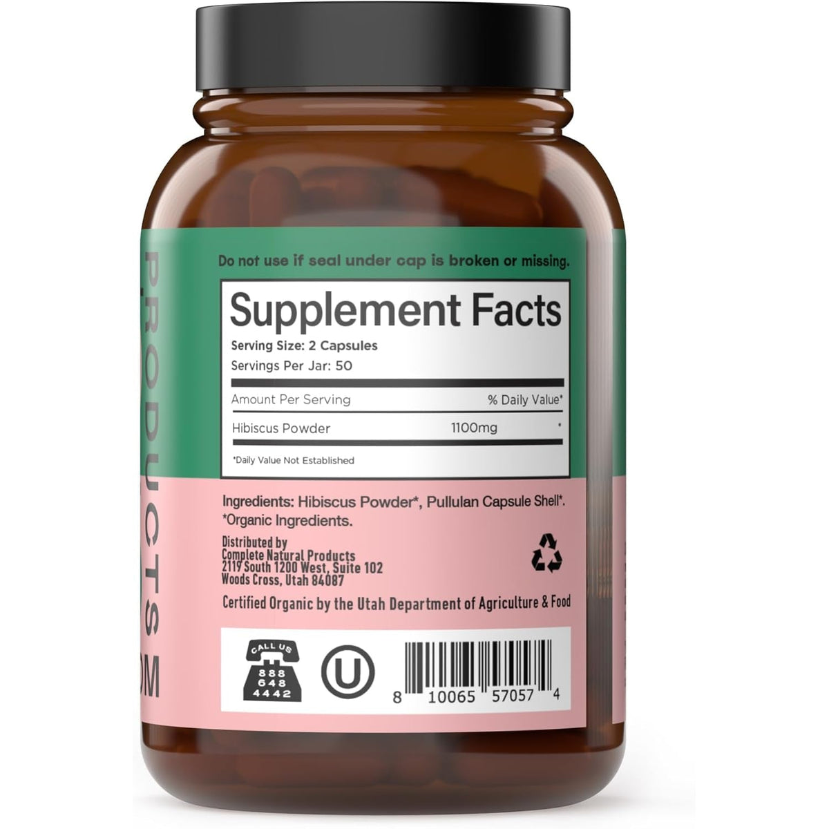 Complete Natural Products Organic Hibiscus Capsules, 550Mg, 100Ct, Plant-Based, Organic Flower Powder for Antioxidant & Digestive Support, Vegan & Non-Gmo