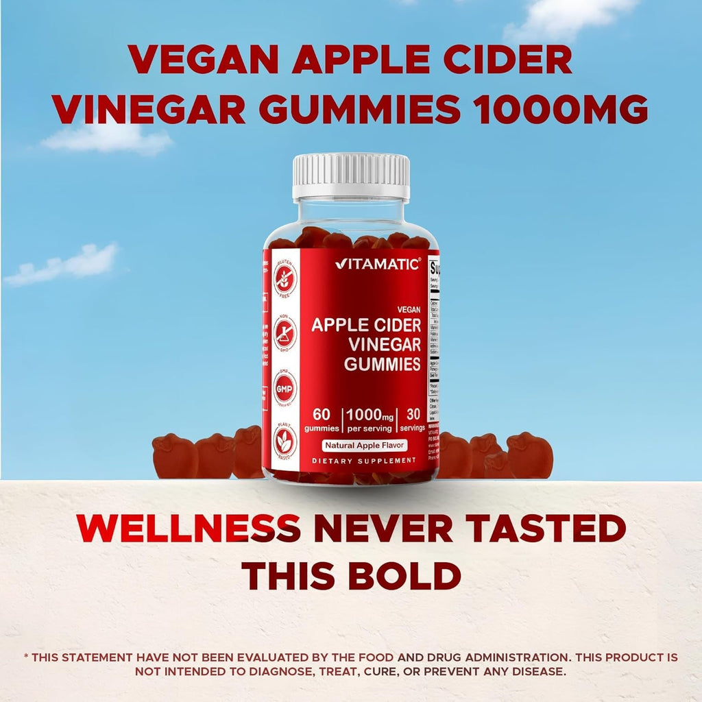 Vitamatic Apple Cider Vinegar Gummies - 1000Mg per Serving - 60 Vegan Gummies - ACV Gummies for Detox, Weight Loss Support, Energy Boost, Digestion & Gut Health