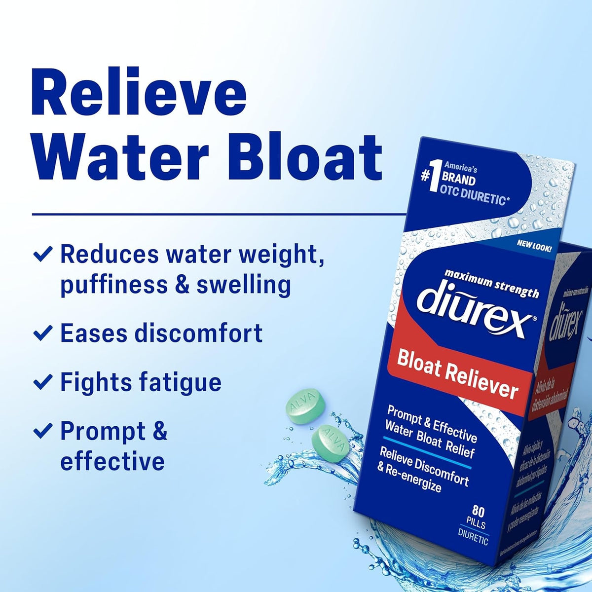 Diurex Ultra Re-Energizing Water Pills - Relieve Water Bloat - Feel Better & Less Heavy - 80 Count