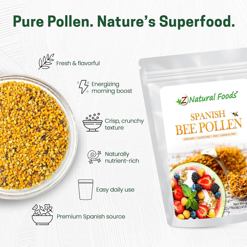Z Natural Foods Spanish Bee Pollen Granules - Pure & Raw Pollen Granule, Product of Spain - Nutrient-Dense for Energy & Immune Support - Aromatic Sweet Flavor, Sprinkle on Salads & Smoothies, 1Lb