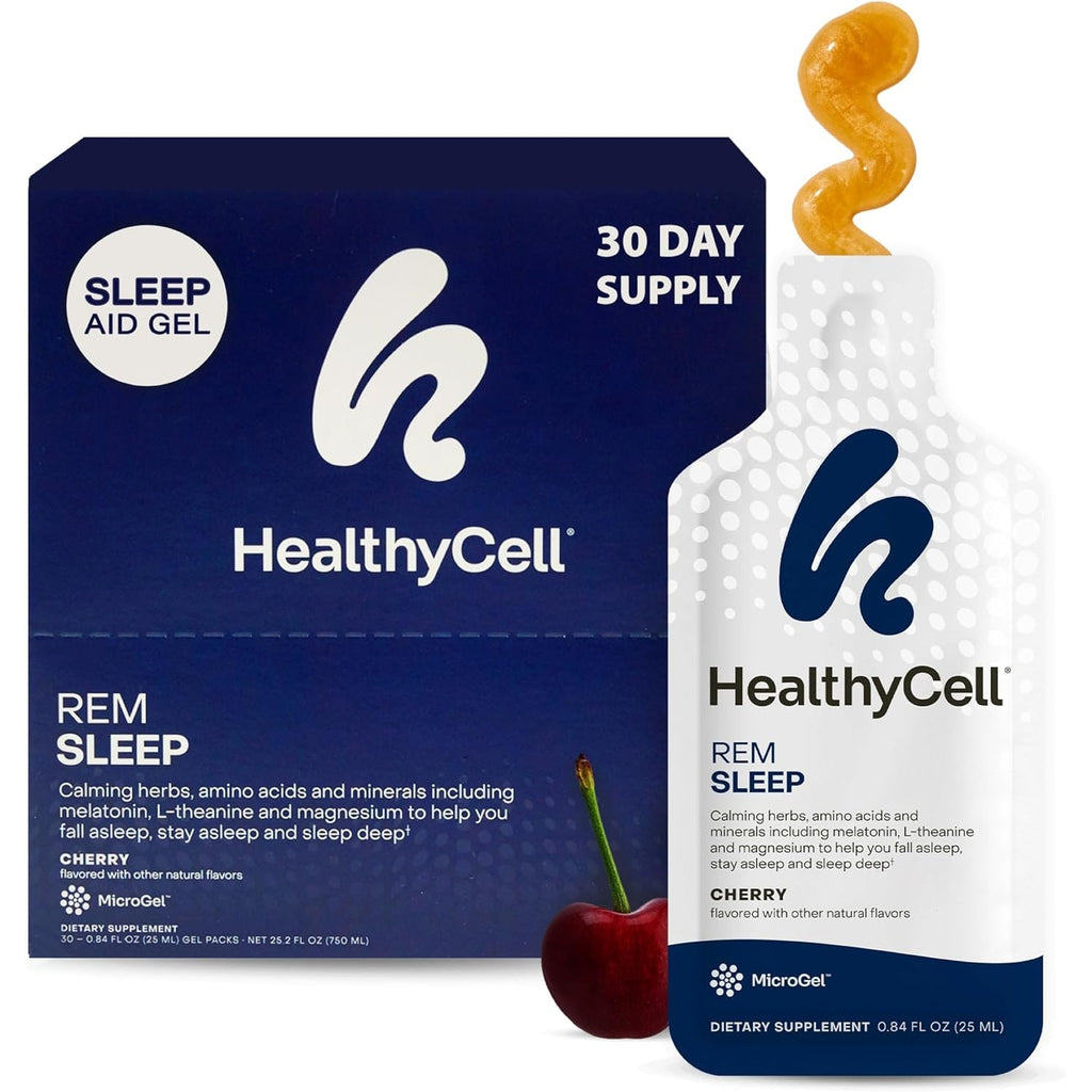 Healthycell REM Sleep Aid Supplement for Adults - Liquid Gel Extra Strength Sleep Supplement with Melatonin, Magnesium, L-Theanine, GABA & Natural Calming Herbs - 30 Gel Packs, Cherry Flavored