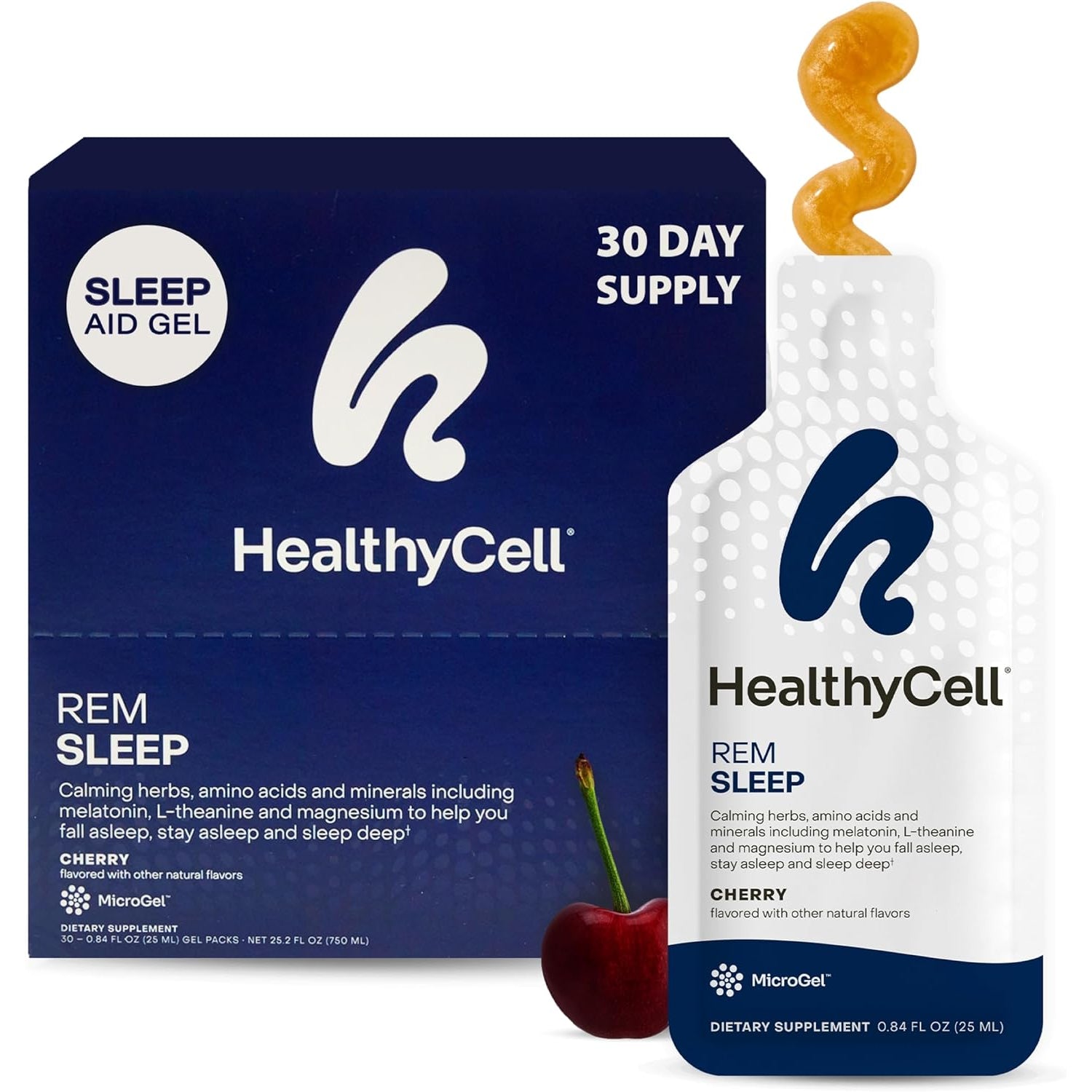 Healthycell REM Sleep Aid Supplement for Adults - Liquid Gel Extra Strength Sleep Supplement with Melatonin, Magnesium, L-Theanine, GABA & Natural Calming Herbs - 30 Gel Packs, Cherry Flavored