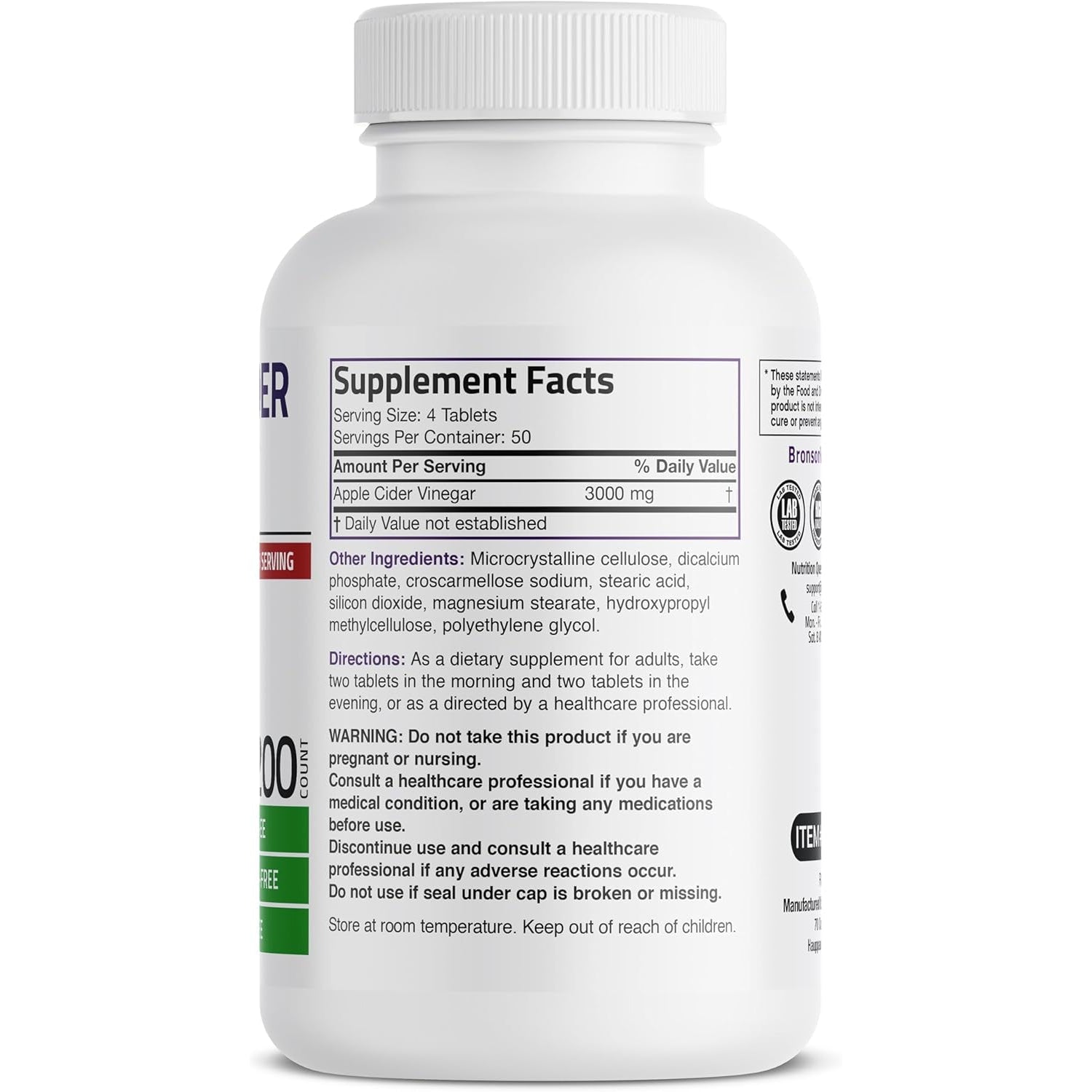 Bronson Apple Cider Vinegar 3000 MG per Serving Extra Strength - Non-Gmo, 200 Vegetarian Tablets