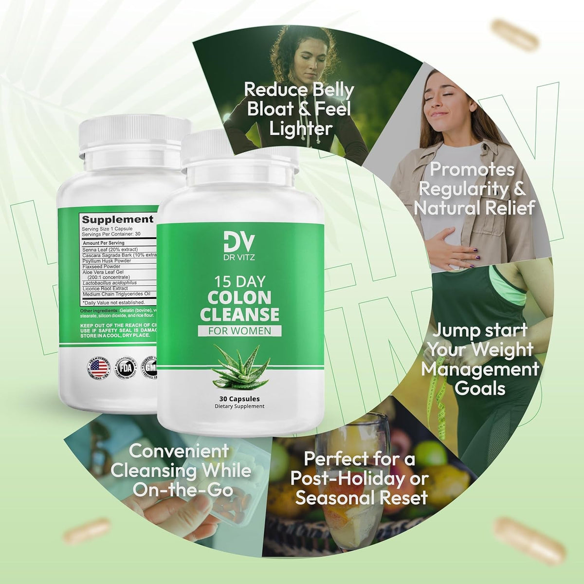 15 Day Colon Cleanse for Women – Natural Detox Pills with Herbs, Fiber & Probiotics – Bloating & Constipation Relief, Weight Loss & Gut Health Reset – 30 Capsules