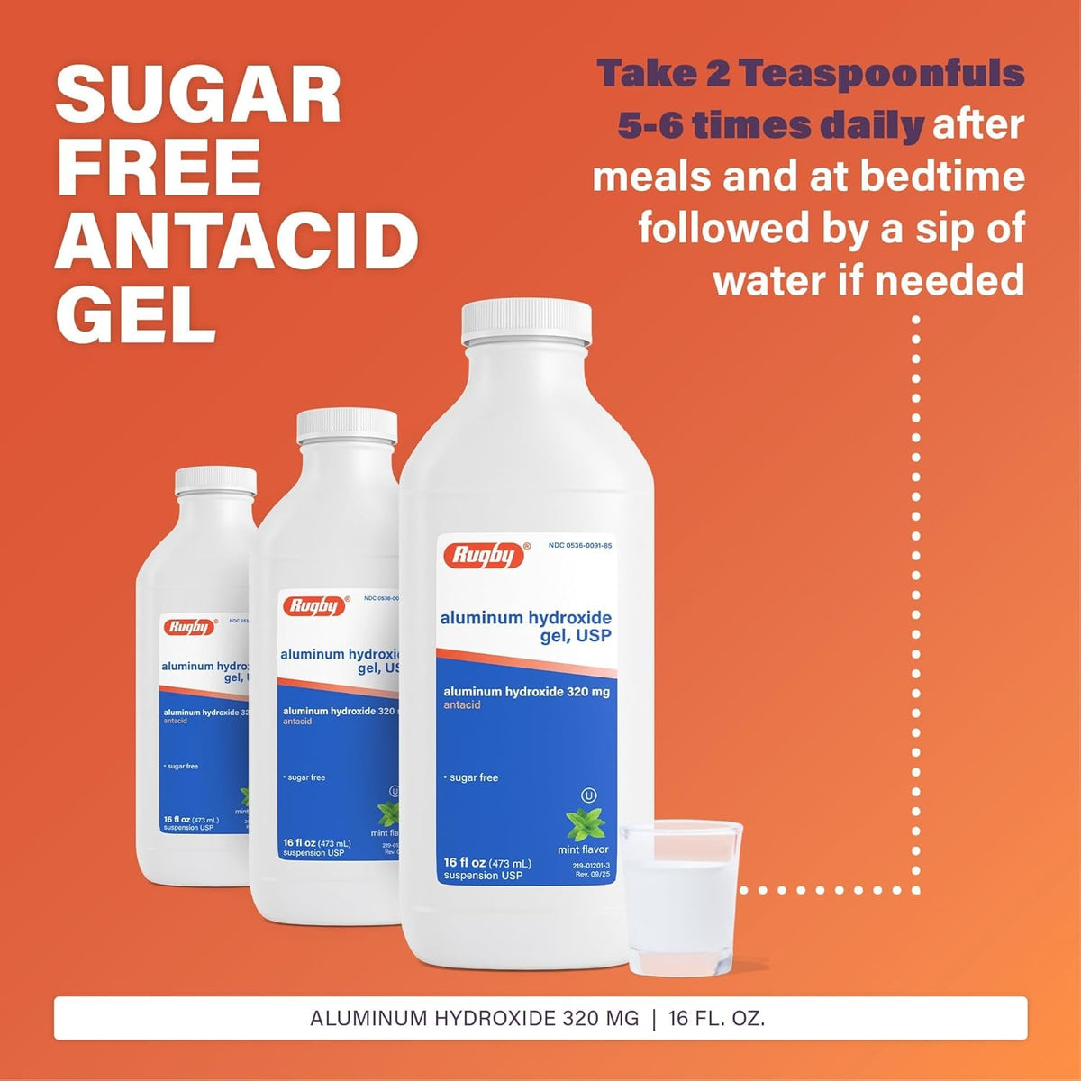 Rugby 320 Mg Aluminum Hydroxide Gel, USP - Antacid Liquid - Upset Stomach, Acid Indigestion, and Heartburn Relief - Sugar-Free - Mint Flavored - 16 Fl. Oz. (1 Pack)