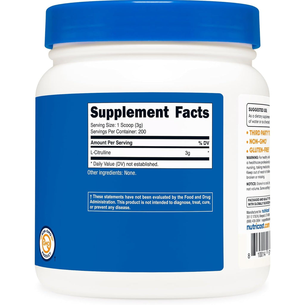 Nutricost Pure L-Citrulline (Base) Powder (600 Grams)