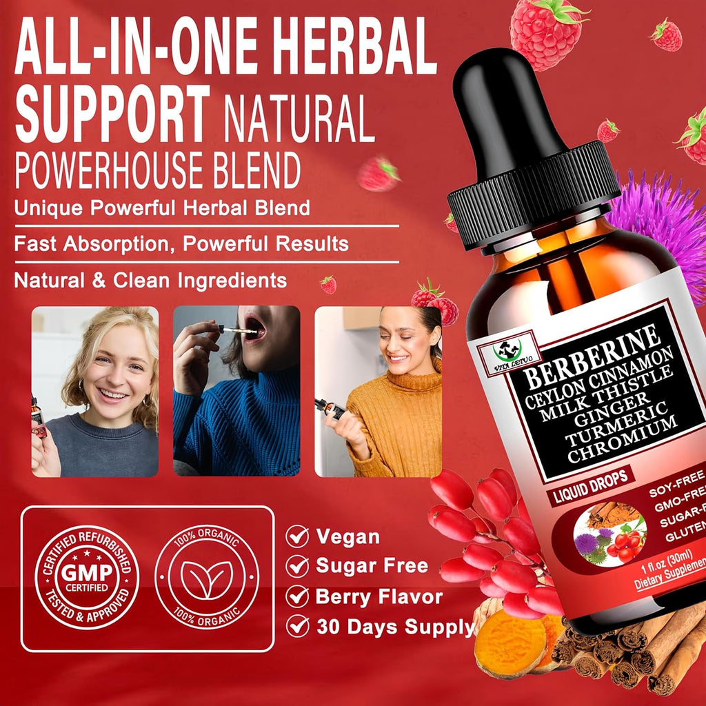 Berberine Drops, High Absorption 6-In-1 Liquid Berberine Supplement with Ceylon Cinnamon Milk Thistle Turmeric, Premium Berberine Hcl for Immune Function Metabolic & Digestive Support, 30 Servings