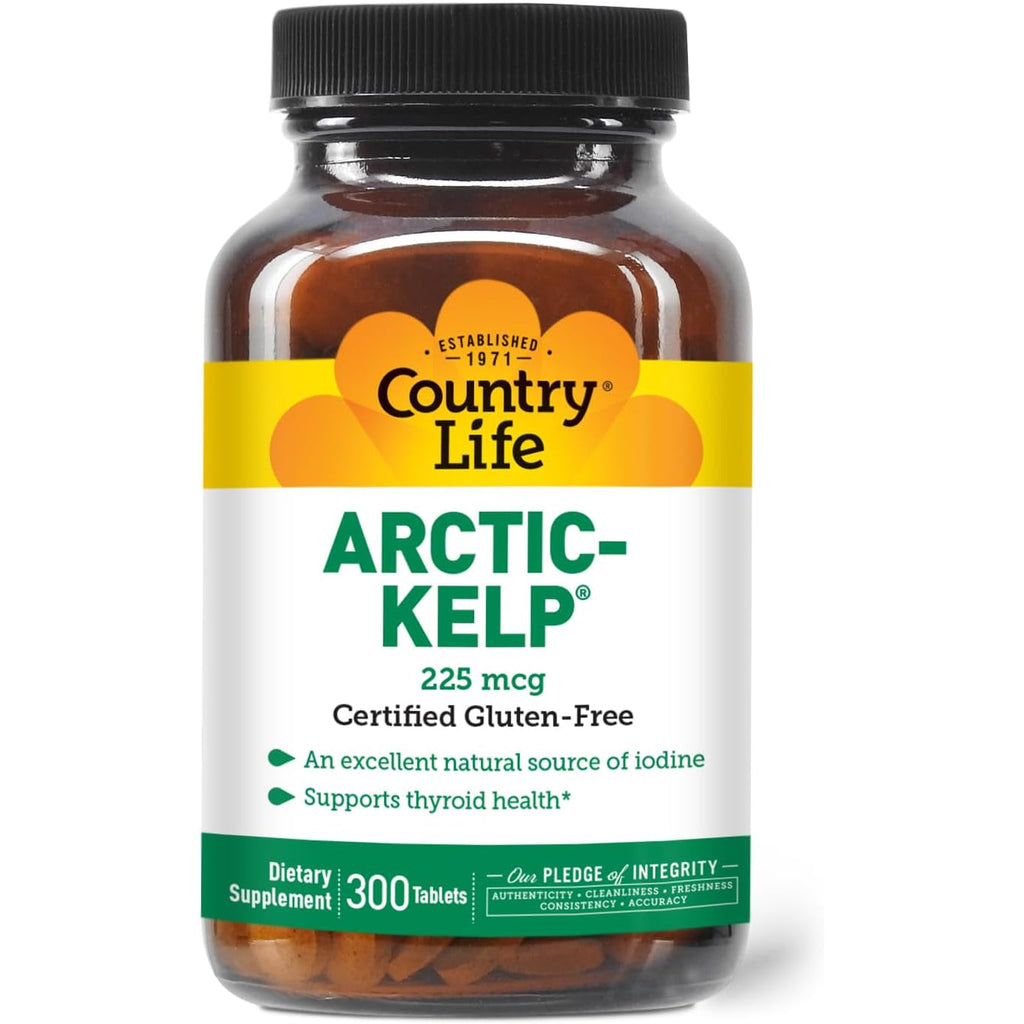 Country Life Arctic-Kelp – Natural Iodine Supplement for Thyroid and Immune Support – Vegan, Gluten-Free, 225 Mcg – Ideal for Thyroid Health, Hypothyroidism, and Adrenal Support, 300 Tablets
