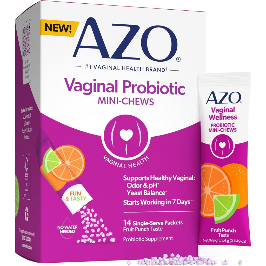 AZO Vaginal Probiotic Mini-Chews for Women, Supports Healthy Vaginal Odor, Healthy Vaginal Flora, Yeast Balance and Ph*, Delicious Fruit Punch Taste, 14 Count