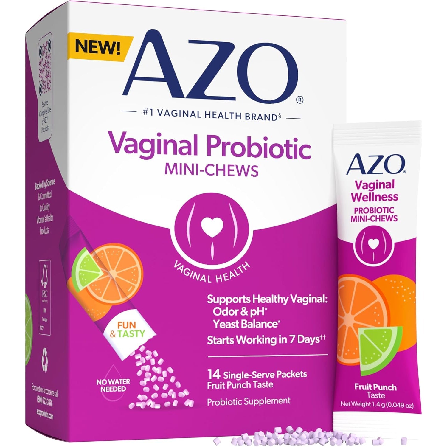 AZO Vaginal Probiotic Mini-Chews for Women, Supports Healthy Vaginal Odor, Healthy Vaginal Flora, Yeast Balance and Ph*, Delicious Fruit Punch Taste, 14 Count