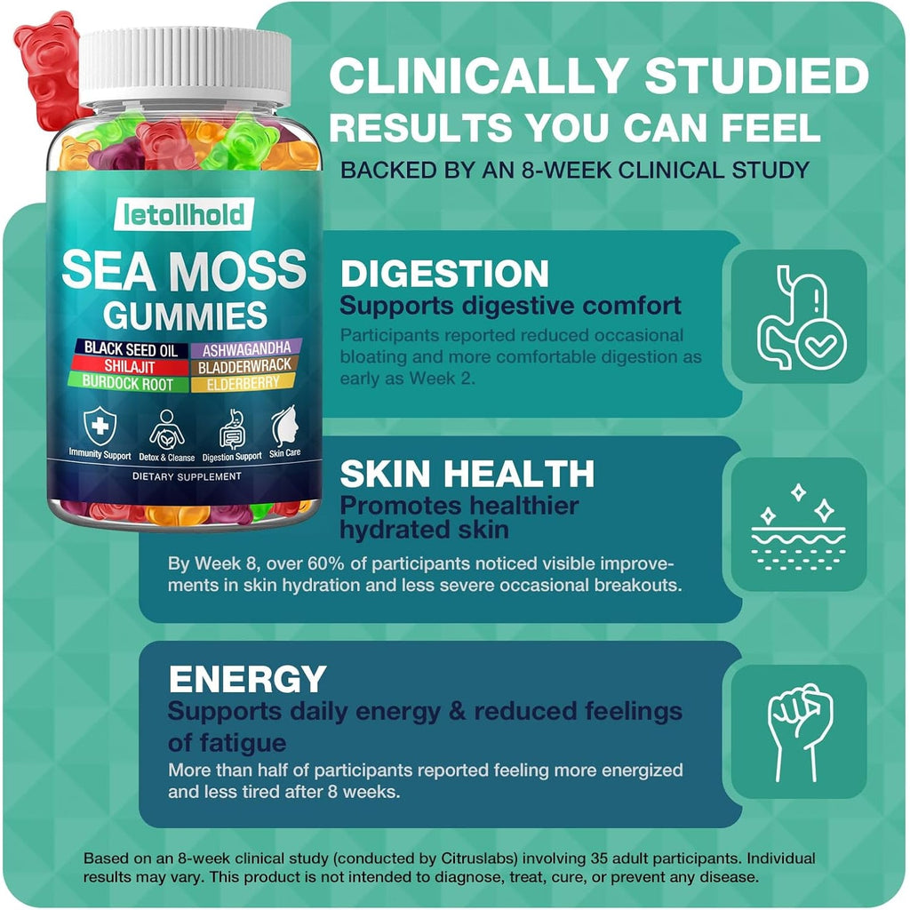 Sea Moss Gummies - Irish Sea Moss Gummies Advanced for Adults with Ashwagandha Bladderwrack & Burdock Root for Supports Immune，Energy - 60 Vegan Gummy,2Pcs