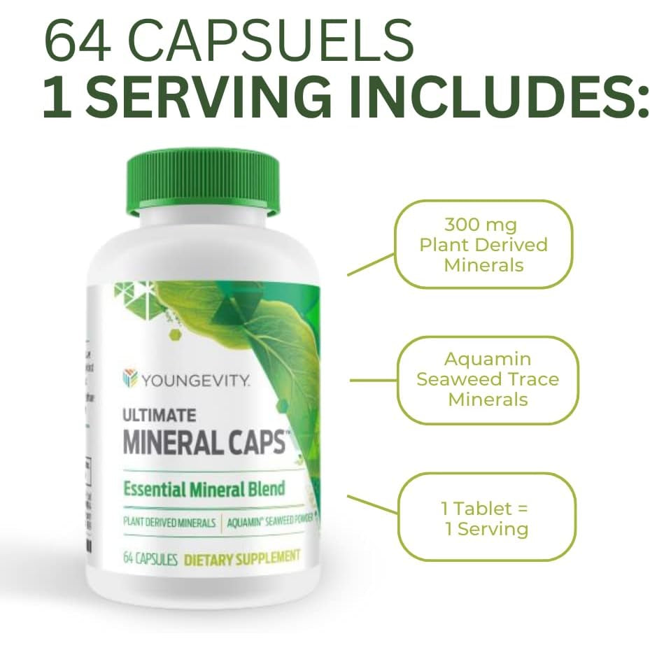 Youngevity Ultimate Mineral Caps™ - 70+ Essential Full Spectrum Trace Minerals - Nutrient-Dense, Derived from Humic & Aquamin Seaweed (64 Capsule)
