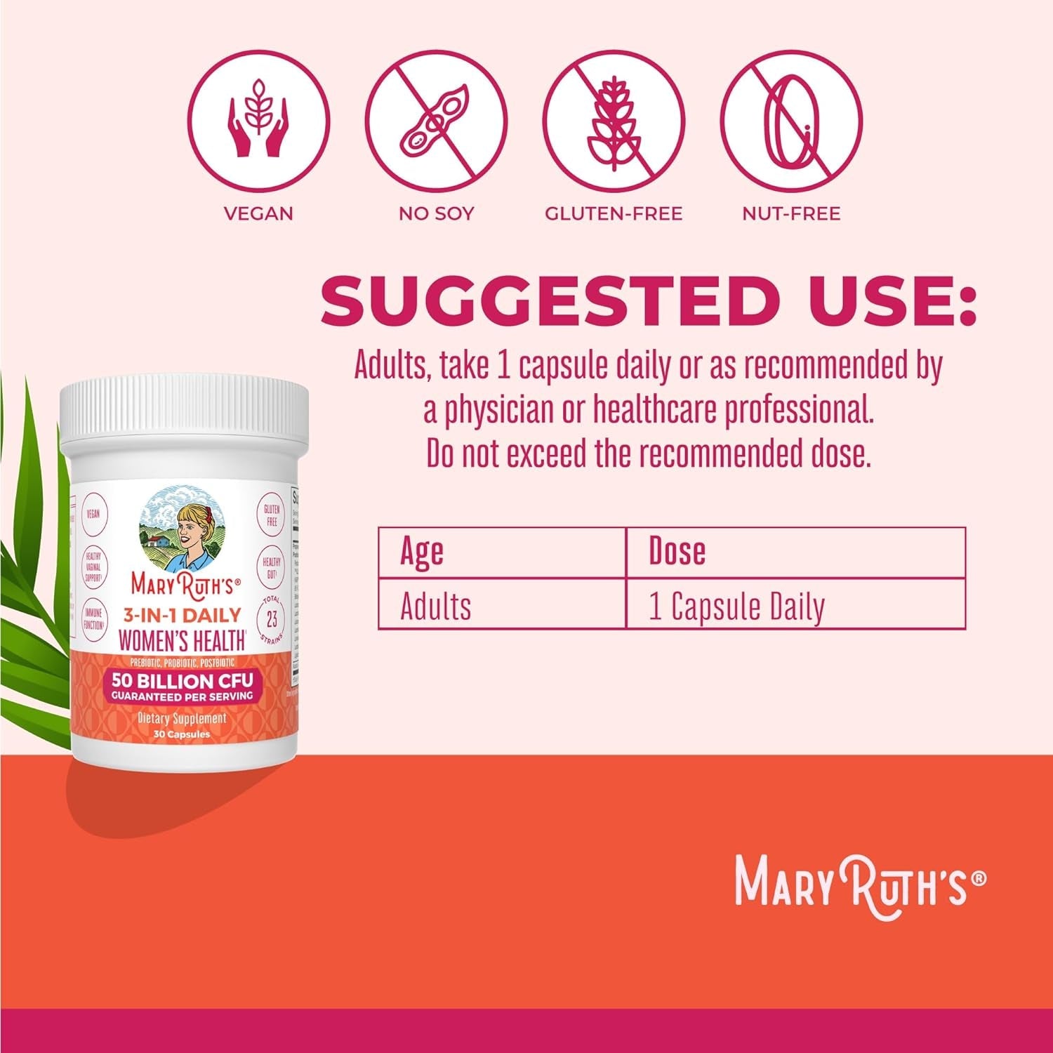MARYRUTH'S 3-In-1 Daily Health Probiotics for Women | Hormone Support & Gut Health Supplement for Women | Women’S Probiotic | 50 Billion CFU | Vegan | 30 Ct