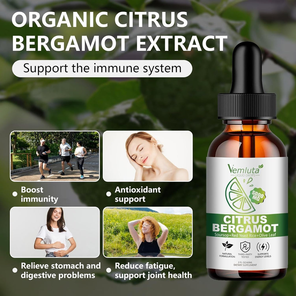 2 Packs 5000Mg Citrus Bergamot Liquid Drops-2X Absorption- Cholesterol Lowering Supplement W Soursop, Red Yeast Rice, Olive Leaf, Hight Cholesterol -Soursop Bitters Liquid-Heart & Immune Support