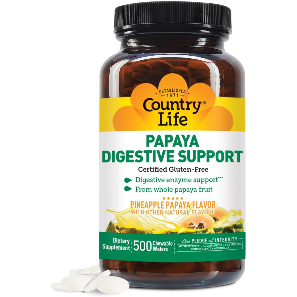 Country Life Chewable Papaya Enzymes for Digestion Support - Natural Pineapple & Papaya Flavor, Assists with Nutrient Absorption, Contains Papain & Protease - 200 and 500 Wafers Available