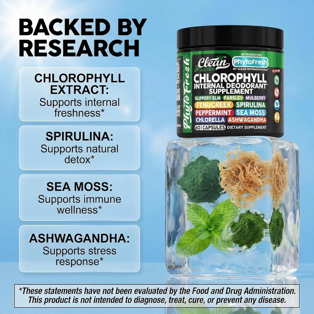 Clean Nutra Chlorophyll Capsules Supplement Internal Deodorant Peppermint, Sea Moss, Parsley, Chlorella, Spirulina, Slippery Elm, Ashwagandha, Phytofresh Greens Detox Pills