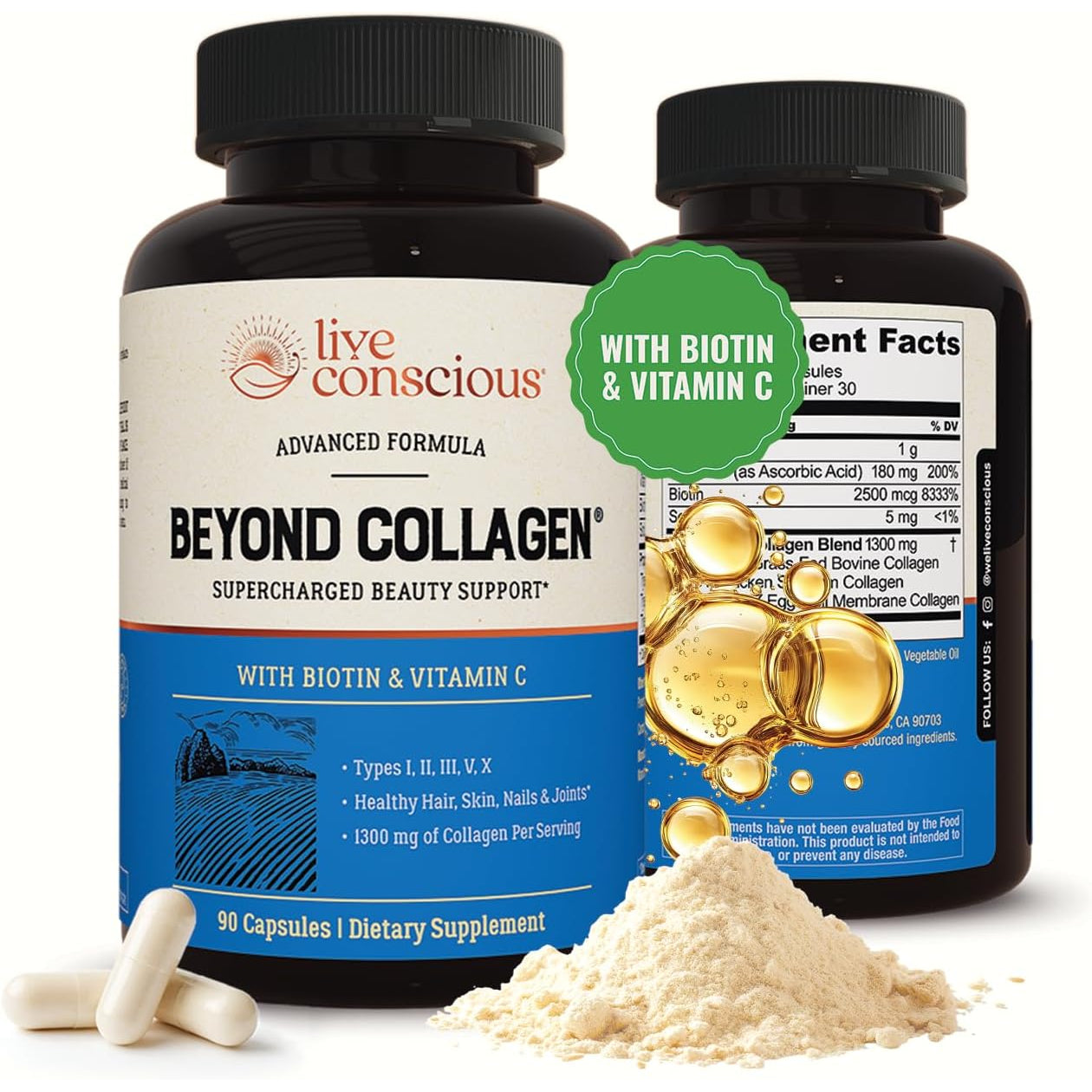 Live Conscious beyond Collagen Multi Collagen Capsules - Types I, II, III, V & X - Hydrolyzed Blend with Biotin & Vitamin C for Hair, Skin, Nails 90 Capsules
