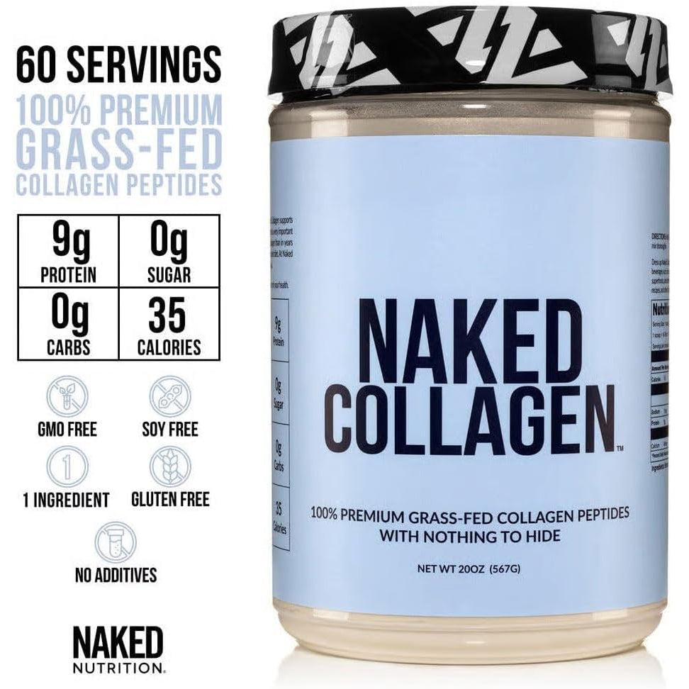 NAKED Collagen Peptides Protein Powder, 60 Servings, Pasture-Raised, Unflavored Grass-Fed Hydrolyzed Collagen Supplement, NSF Certified, Paleo Friendly, Non-Gmo, Keto, Gluten Free, 20Oz