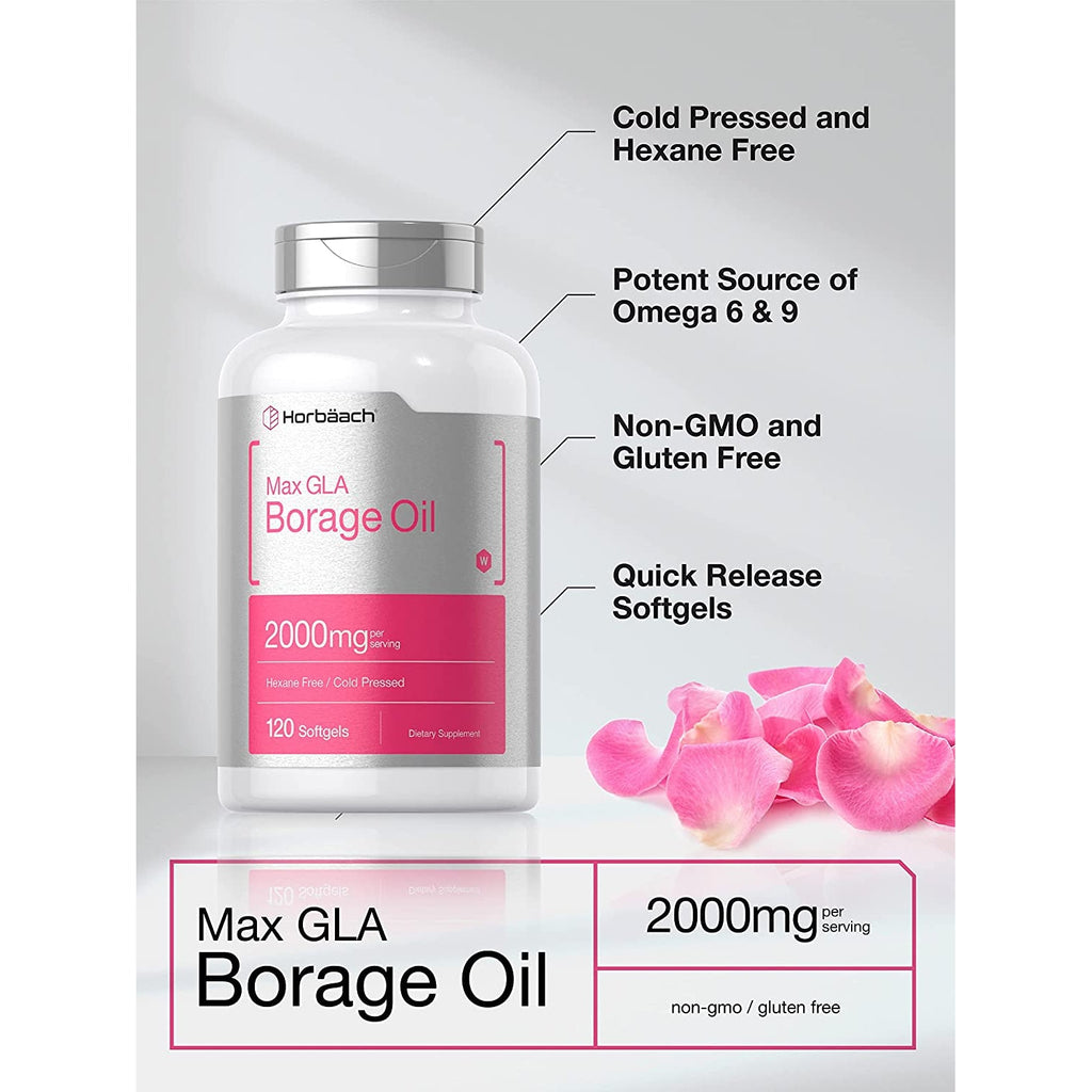 Horbäach Borage Oil Capsules 2000 Mg | 120 Softgels | 320Mg of GLA | Cold Pressed Seed Oil Supplement