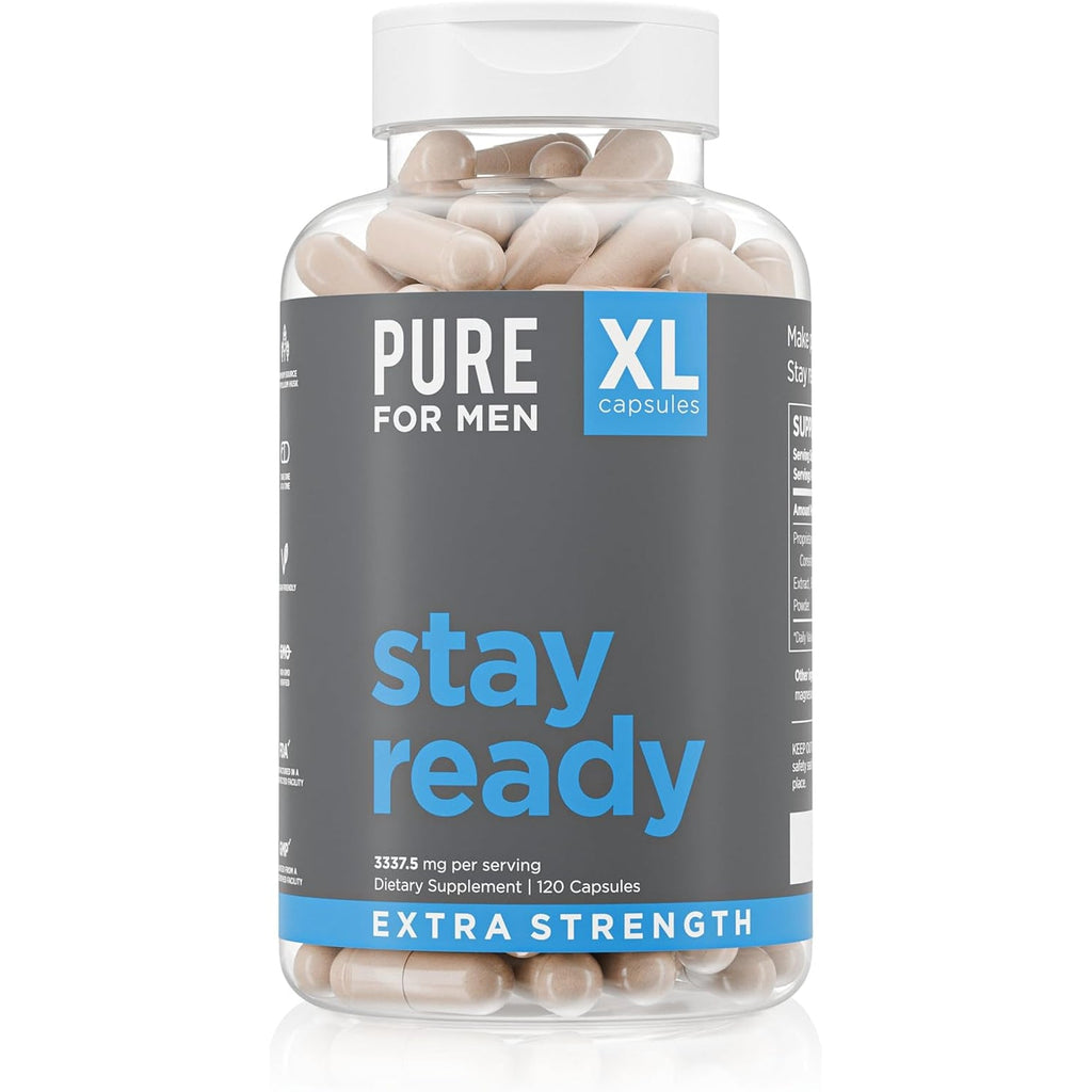 Pure for Men Stay Ready Fiber Extra Strength Supplement | Digestive Regularity | Bowel Movement & Gut Health Support | Vegan Cleanliness | Proprietary Formula | 120 Vegan XL Capsules