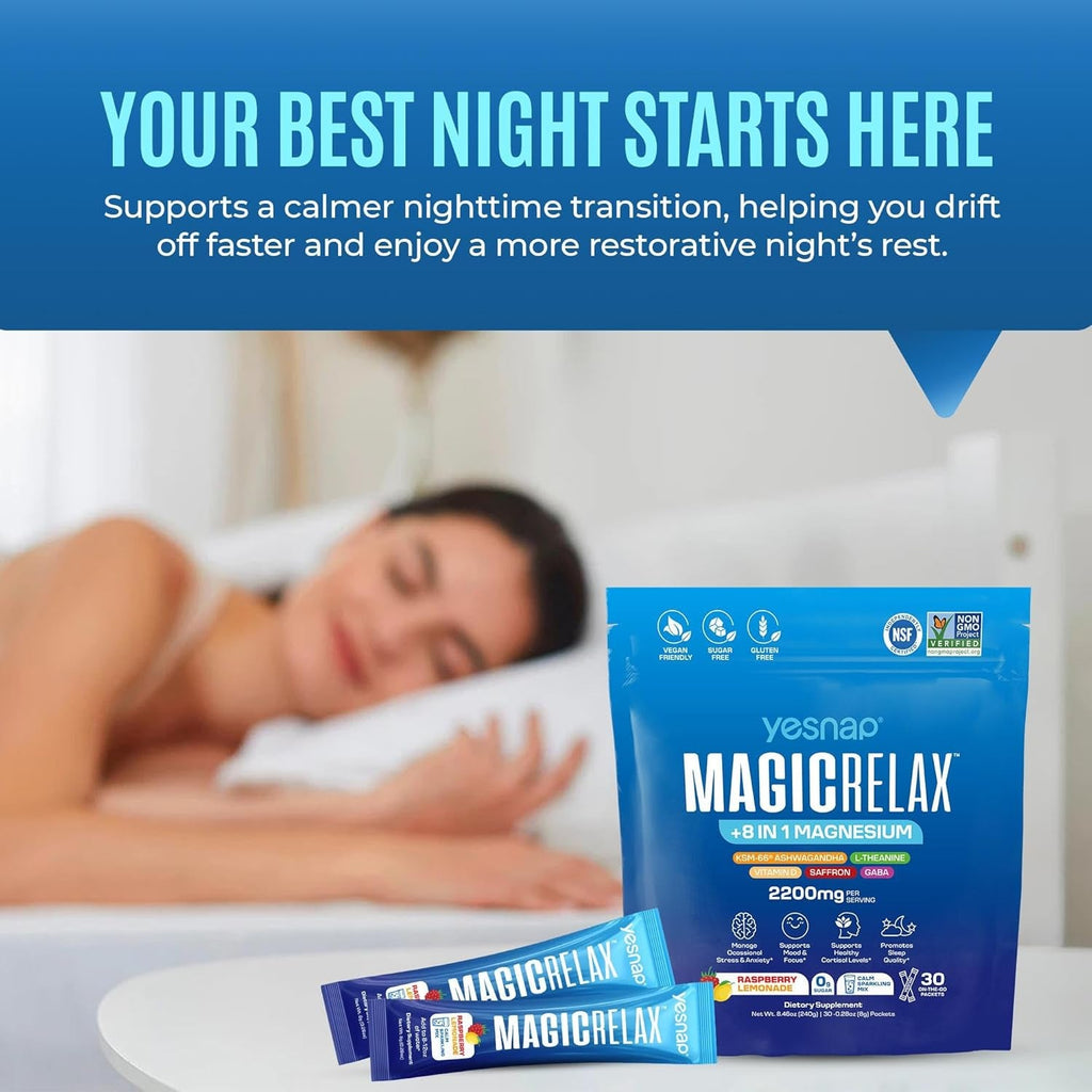 MAGICRELAX 8-In-1 Super Calm Magnesium Glycinate Powder Drink Mix Supports Stress Healthy Cortisol, Mood & Sleep, KSM-66 Ashwagandha Saffron GABA L-Theanine Vitamin D3, 0 Sugar, Raspberry Lemonade