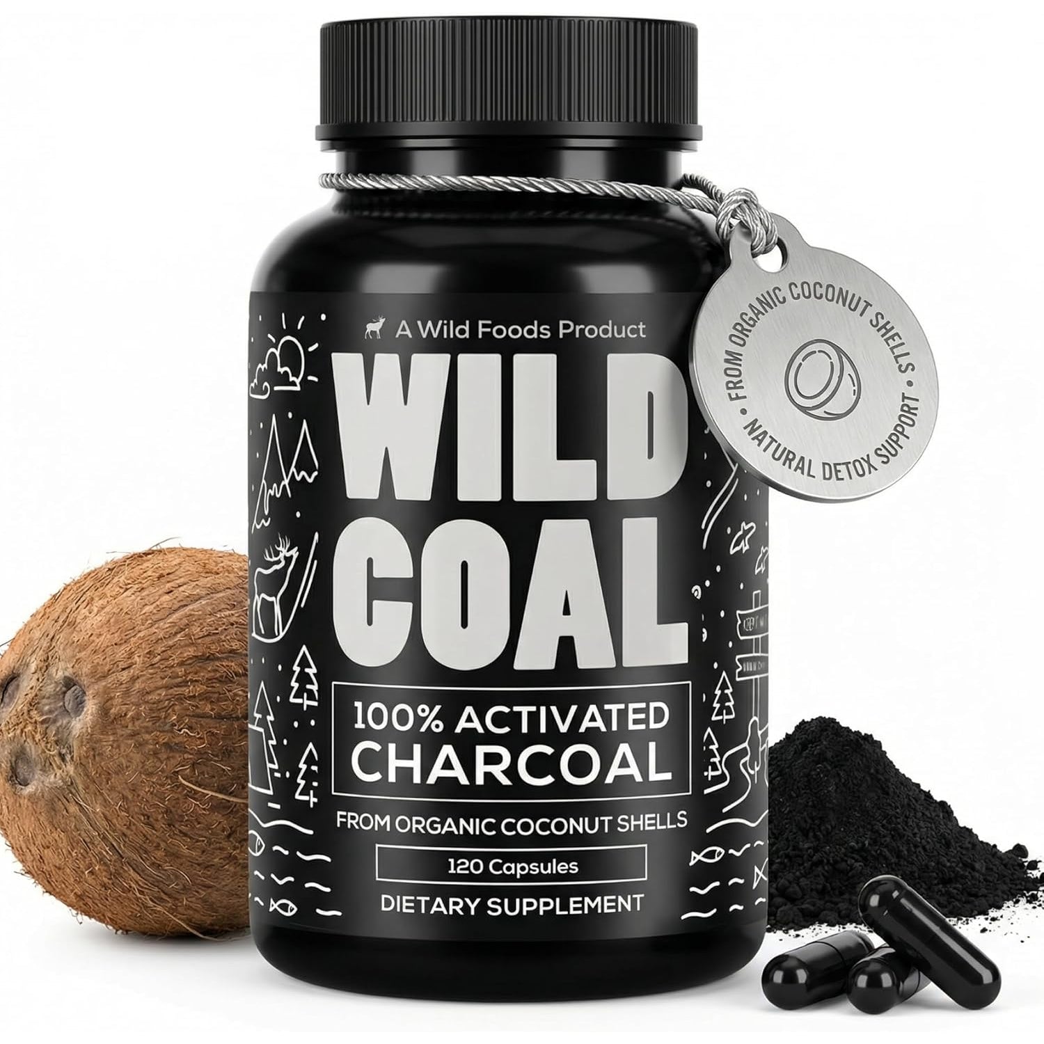 Wild Foods Activated Charcoal Capsules | 100% Organic Coconut Shells Active Tablets | Lab Tested & Non-Gmo Pills | Made in USA (120 Capsules)