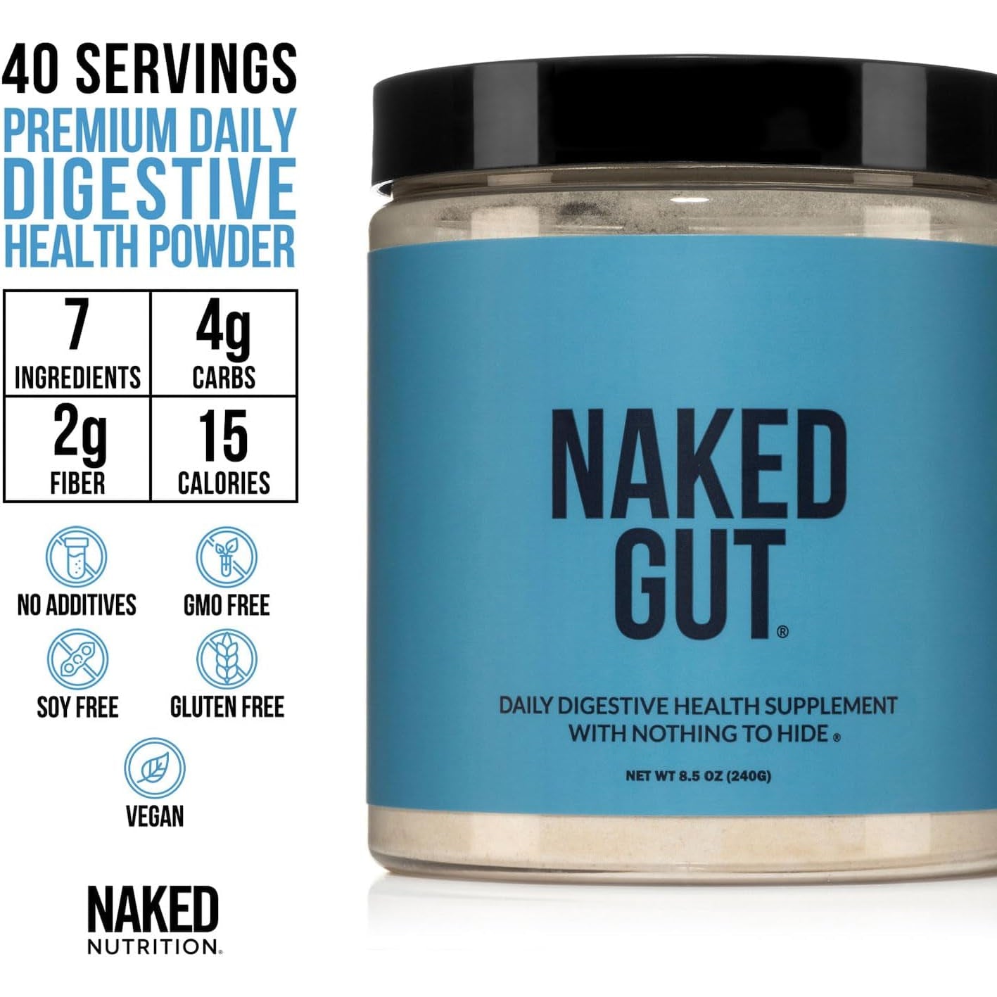 NAKED Gut - Daily Gut Health Supplement - Natural Gut Health Powder for Gut Cleanse, Digestive Support, Gmo-Free, Soy-Free, Gluten-Free, Vegan and Hypoallergenic, 40 Servings