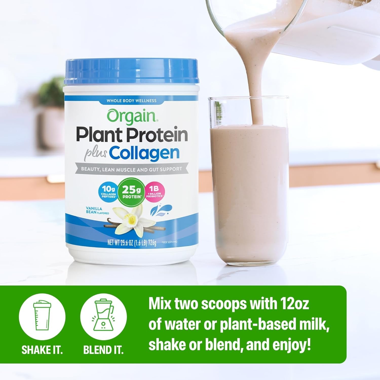 Orgain Protein Powder + Collagen, Vanilla Bean - 25G of Protein, 10G Collagen Peptides, Type I & III, 1B CFU Probiotics, Supports Hair, Skin, Nail, Joint & Gut Health, Gluten Free - 1.6Lb