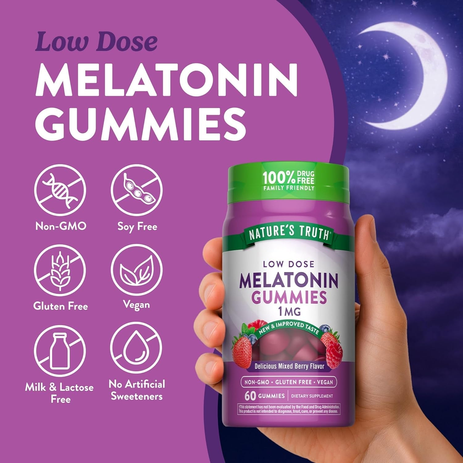 Nature'S Truth Melatonin Gummies | 1Mg | 60 Count | Mixed Berry Flavor | Vegan, Non-Gmo & Gluten Free Supplement