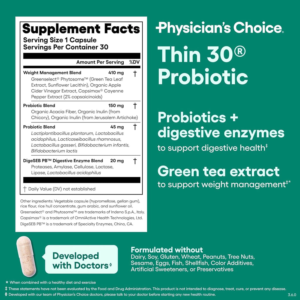 Physician'S CHOICE Probiotics for Weight Management & Bloating - 6 Probiotic Strains - Prebiotics - Key Ingredient Cayenne - Supports Gut Health - Weight Management for Women & Men - Green Tea - 30 CT