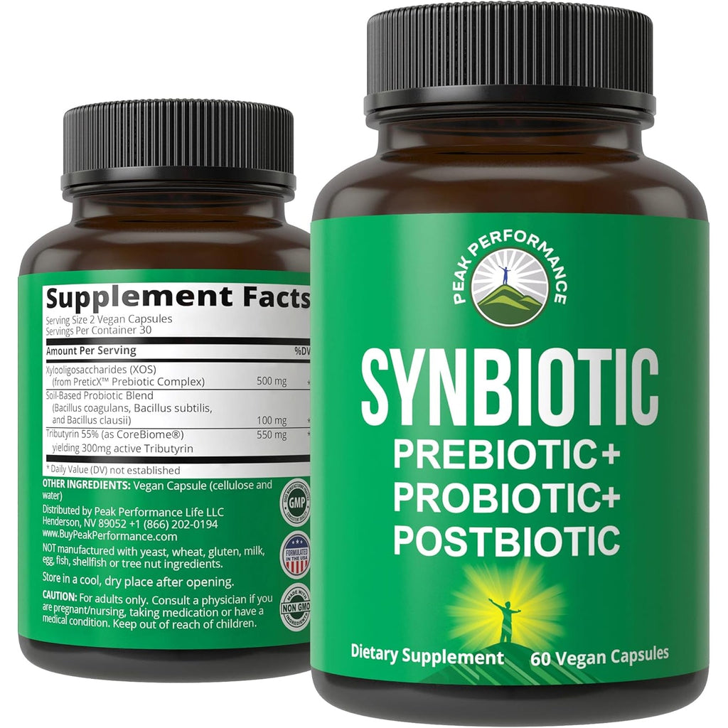 Synbiotic = Prebiotic + Probiotic + Postbiotic 3-In-1 Supplement with Clinically Tested Ingredients - Pre and Probiotics plus Important Tributyrin Corebiome for Gut - 60 Vegan Capsules for Women + Men