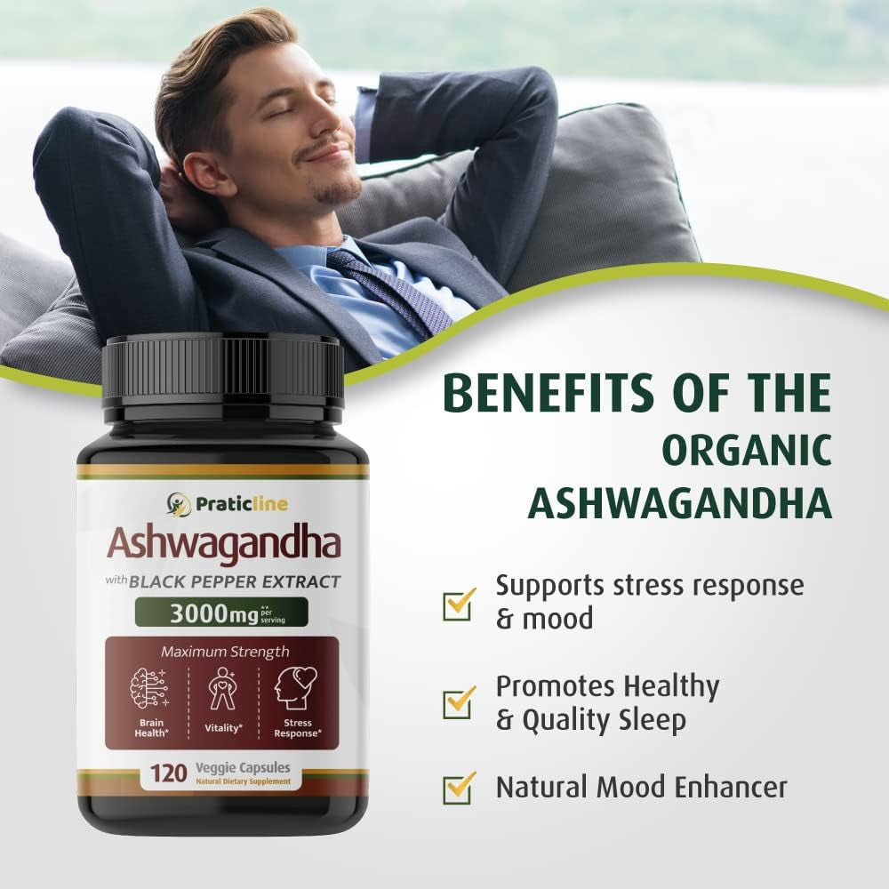 Ashwagandha Capsules 3,000 Mg - 120 Vegan Cap Made with Organic Ashwagandha Powder and Root Extract. Gluten Free. Made in USA