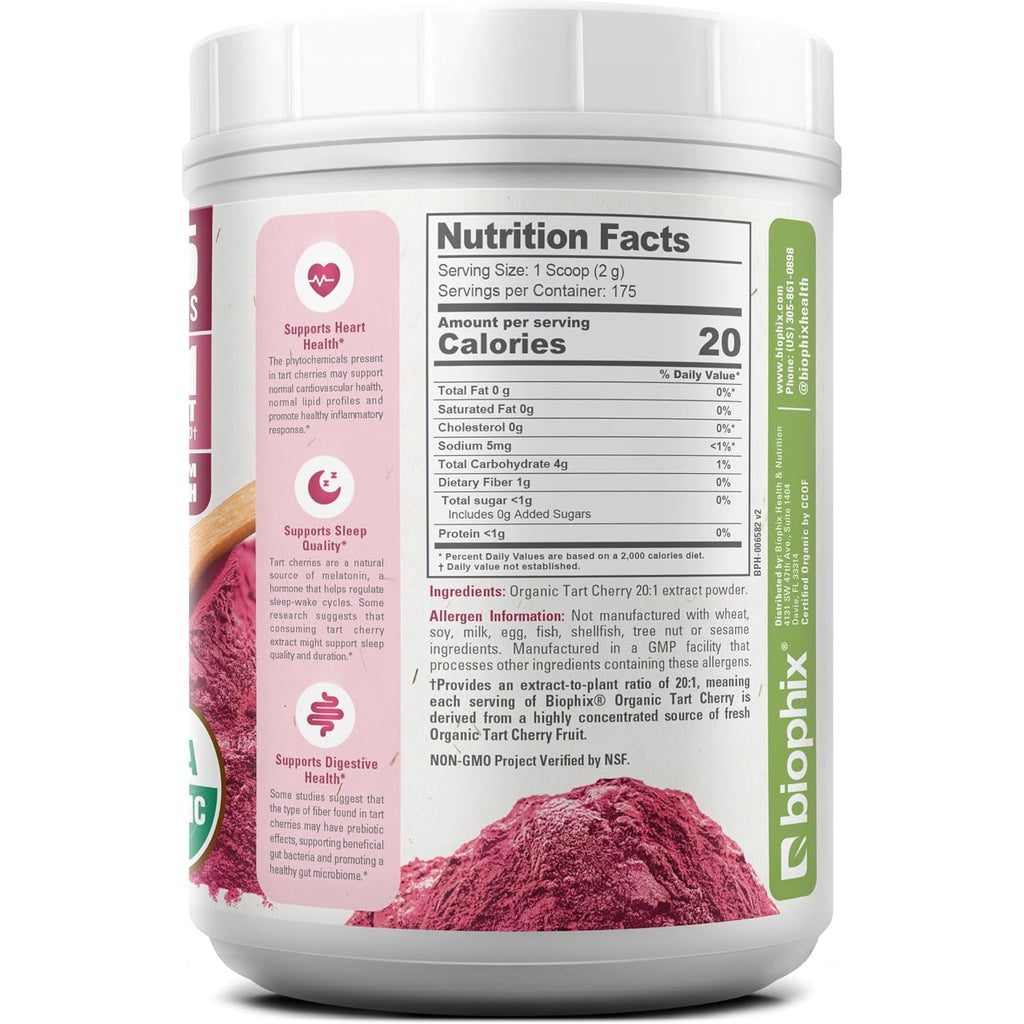 Biophix Tart Cherry Powder Organic USDA 20:1 Extract 12.3 Oz 350 G - Antioxidant-Rich Superfood - Supports Heart Health - Digestive Health - Natural Flavor - No Sugar Added