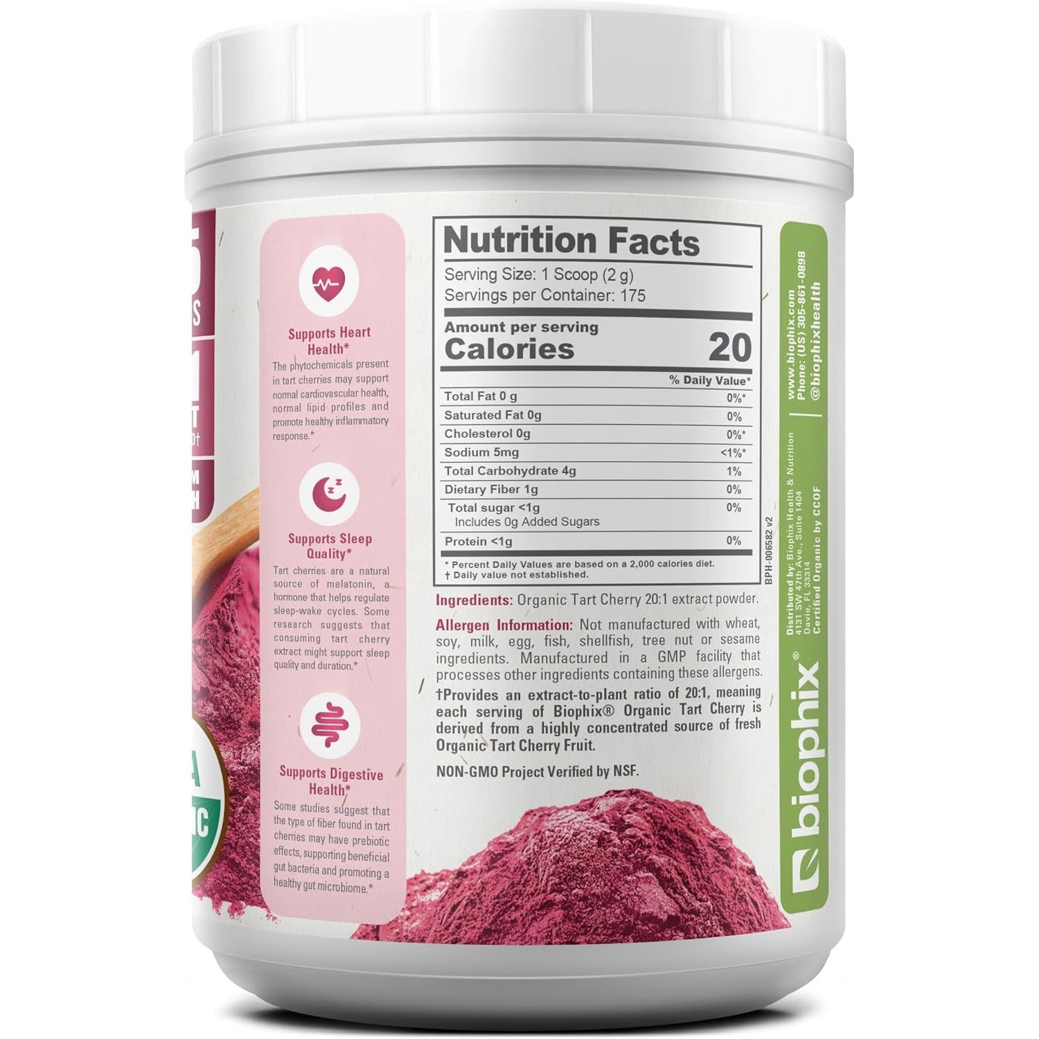 Biophix Tart Cherry Powder Organic USDA 20:1 Extract 12.3 Oz 350 G - Antioxidant-Rich Superfood - Supports Heart Health - Digestive Health - Natural Flavor - No Sugar Added