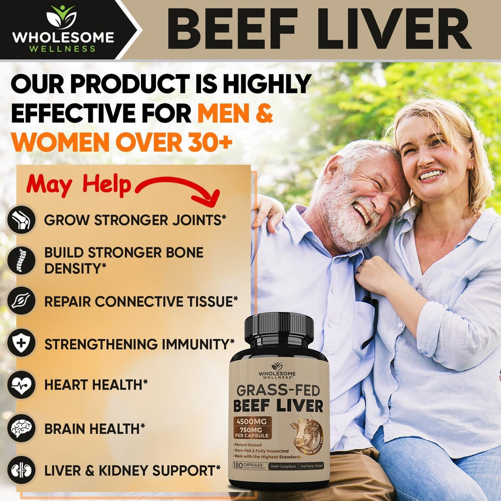 Wholesome Wellness Grass Fed Desiccated Beef Liver Capsules (180 Pills, 750Mg Each) - Natural Iron, Vitamin A, B12 for Energy - Raised Undefatted in New Zealand without Hormones or Chemicals