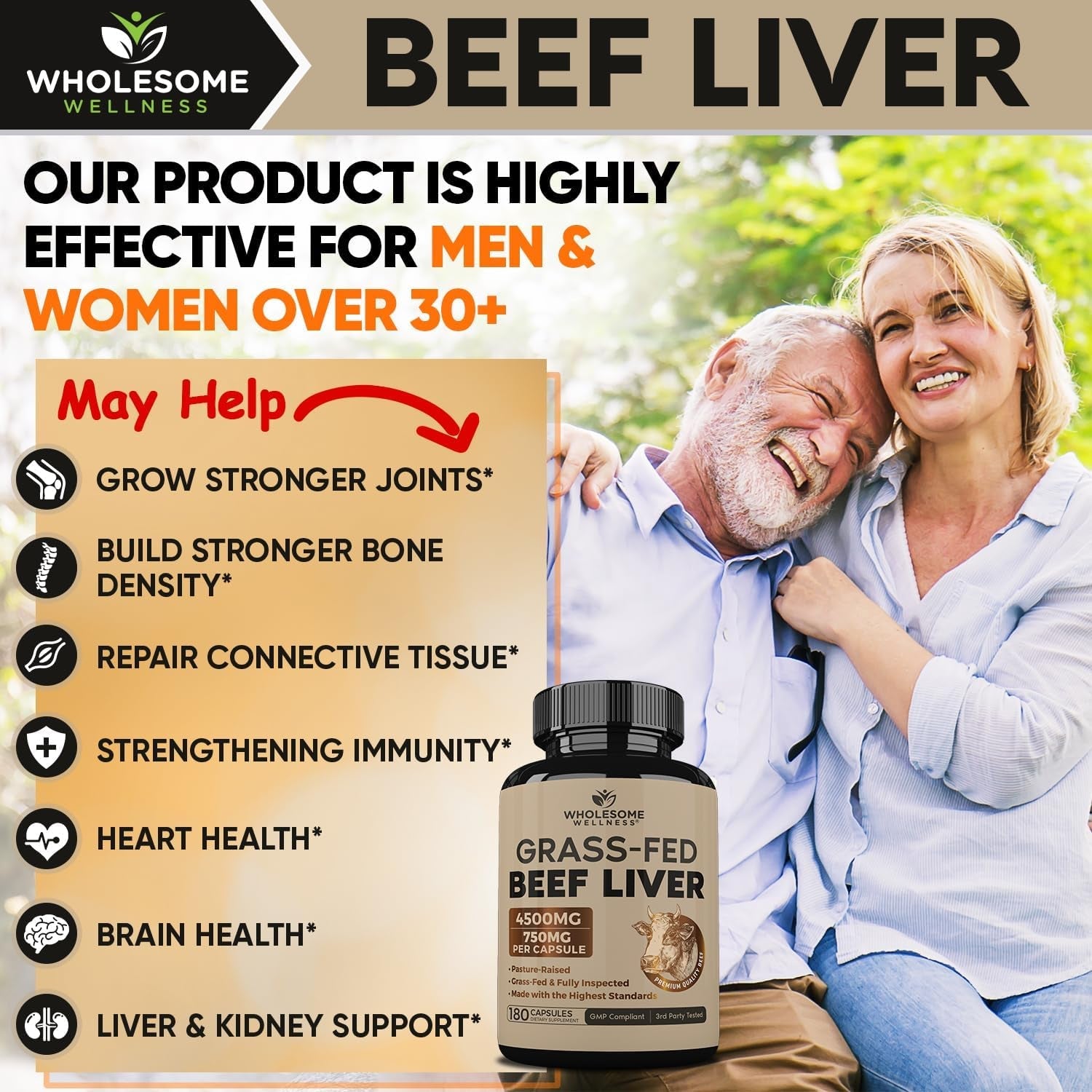 Wholesome Wellness Grass Fed Desiccated Beef Liver Capsules (180 Pills, 750Mg Each) - Natural Iron, Vitamin A, B12 for Energy - Raised Undefatted in New Zealand without Hormones or Chemicals
