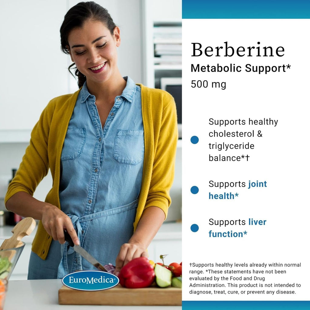 Euromedica Berberine 500 Mg - Brain & Liver Health Support Supplement - Dietary Supplement with Indian Barberry Root Extract - Vegan Capsules for Metabolic Health Support - 60 Capsules
