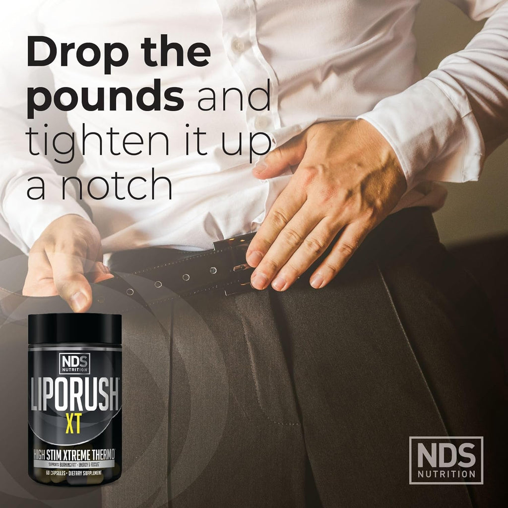 LIPORUSH NDS Nutrition XT - Super Concentrated Thermogenic with L-Carnitine & Teacrine for Shredding Fat - Supports Maximum Energy, Focus, Calorie Burning, Diuretic, Appetite Control (60 Capsules)