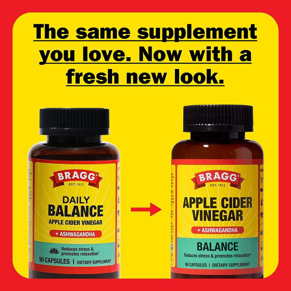 Bragg Daily Balance Apple Cider Vinegar and Sensoril Ashwagandha Capsules - 750Mg of Acetic Acid – Energy & Weight Management Support - (90 Pills)