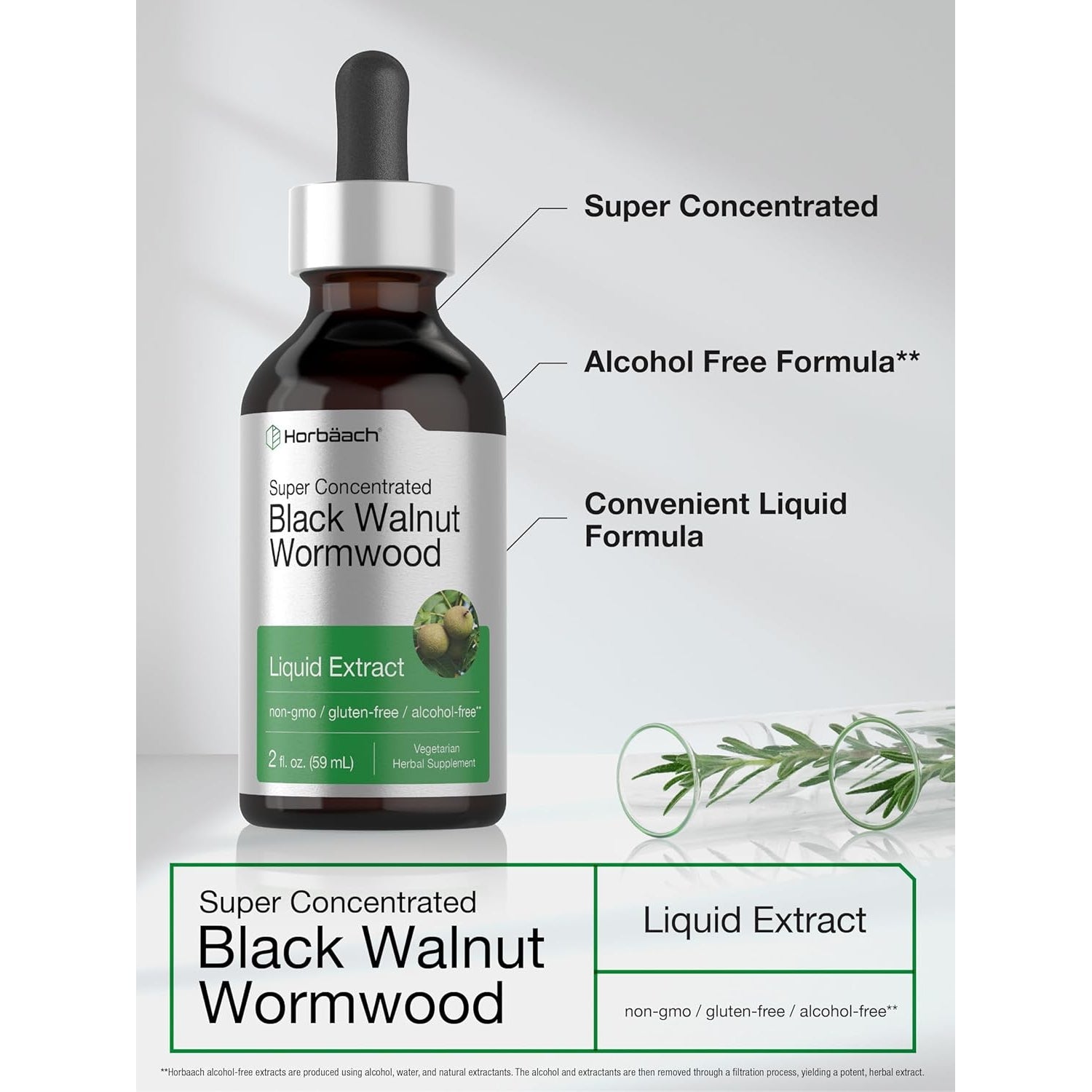 Horbäach Black Walnut Hull Wormwood Extract Tincture | 2 Fl Oz | Alcohol Free Liquid | Vegetarian, Non-Gmo & Gluten Free Supplement