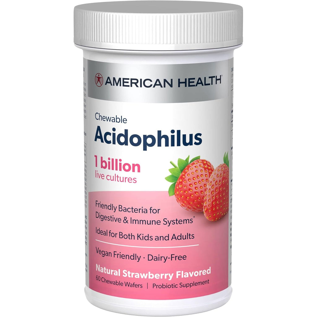 American Health Daily Chewable Tablet Acidophilus, 1 Billion Live Cultures, Beneficial Bacteria for the Digestive & Immune Systems, Strawberry, 60 Count