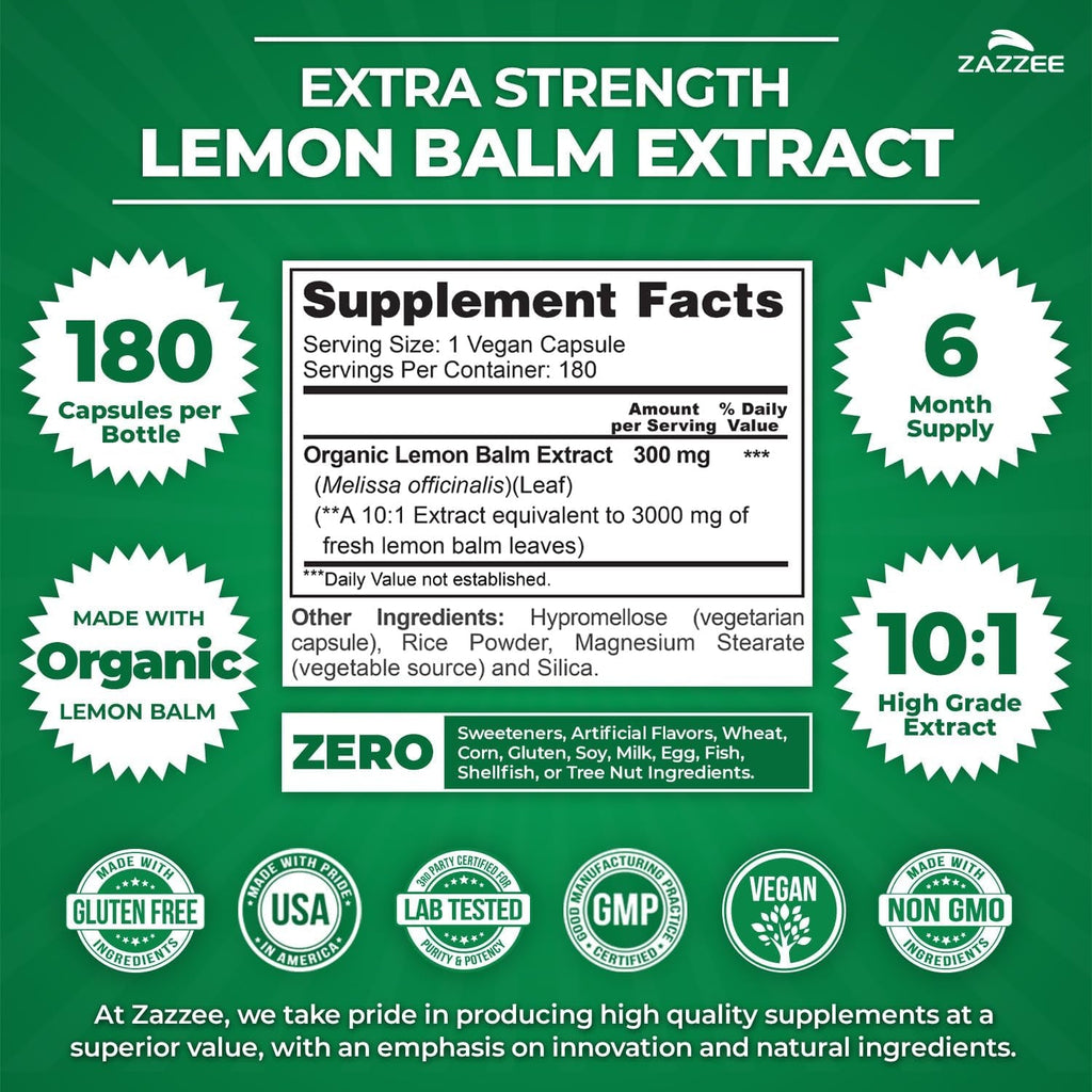 Zazzee Organic Lemon Balm 10:1 Extract, 180 Vegan Capsules, 6 Month Supply, Melissa Officinalis, Calm, Mood, Stress & Relaxation Support, Herbal Supplement, All-Natural, Non-Gmo, Made in the USA