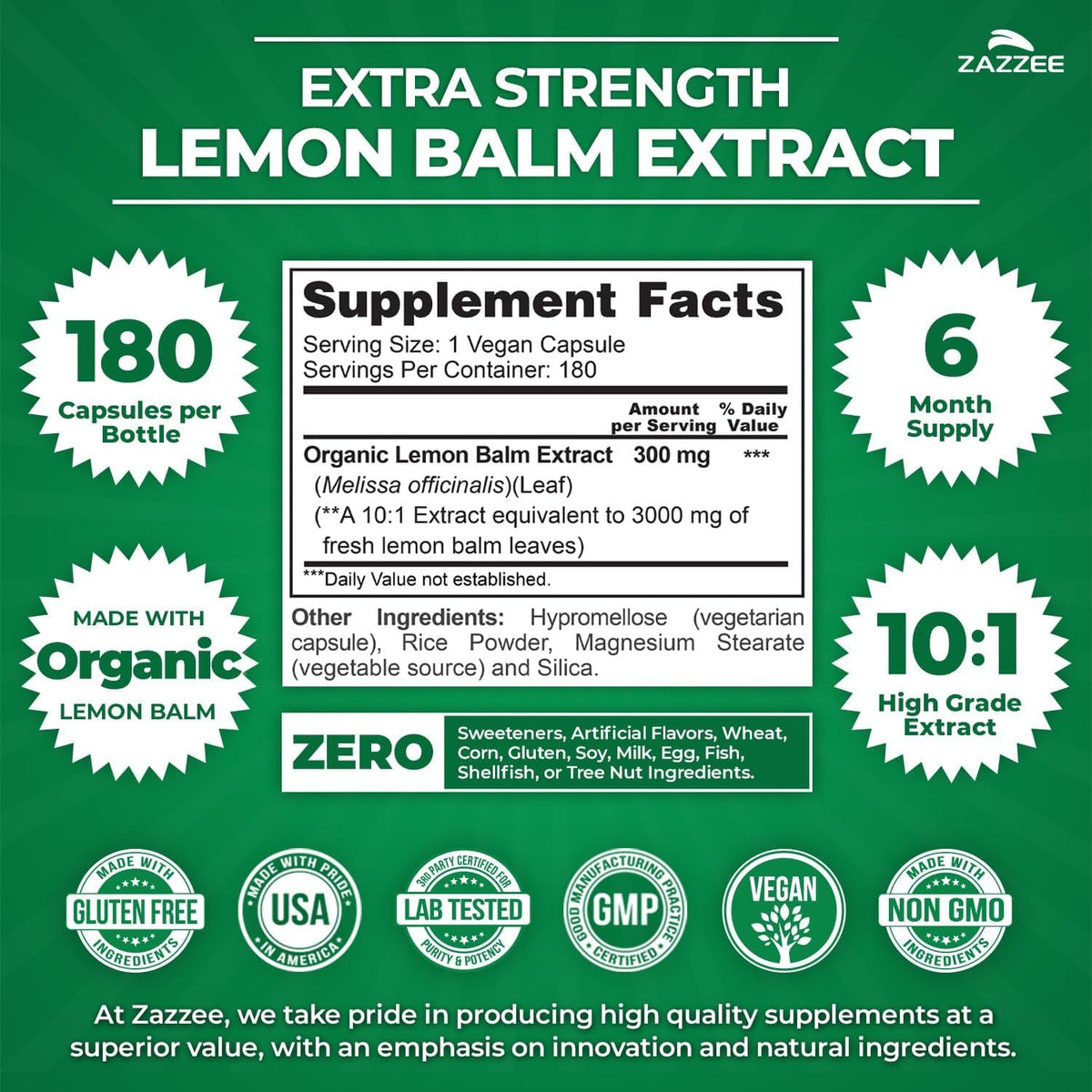 Zazzee Organic Lemon Balm 10:1 Extract, 180 Vegan Capsules, 6 Month Supply, Melissa Officinalis, Calm, Mood, Stress & Relaxation Support, Herbal Supplement, All-Natural, Non-Gmo, Made in the USA