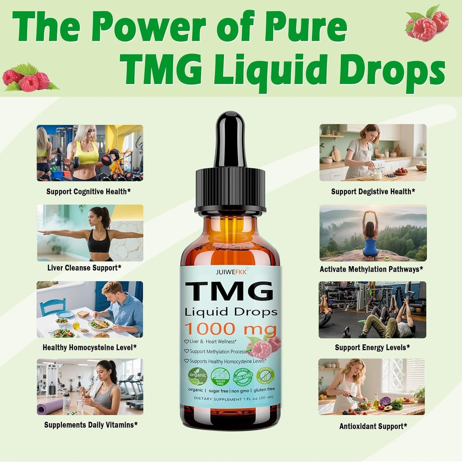 TMG Supplements 1000Mg Liquid, Extra Strength Pure TMG Betaine (Trimethylglycine) for Women Men, Support Homocysteine Balance Heart Brain & Liver Health, Vegan, Non-Gmo, Raspberry Flavor, 30 Servings