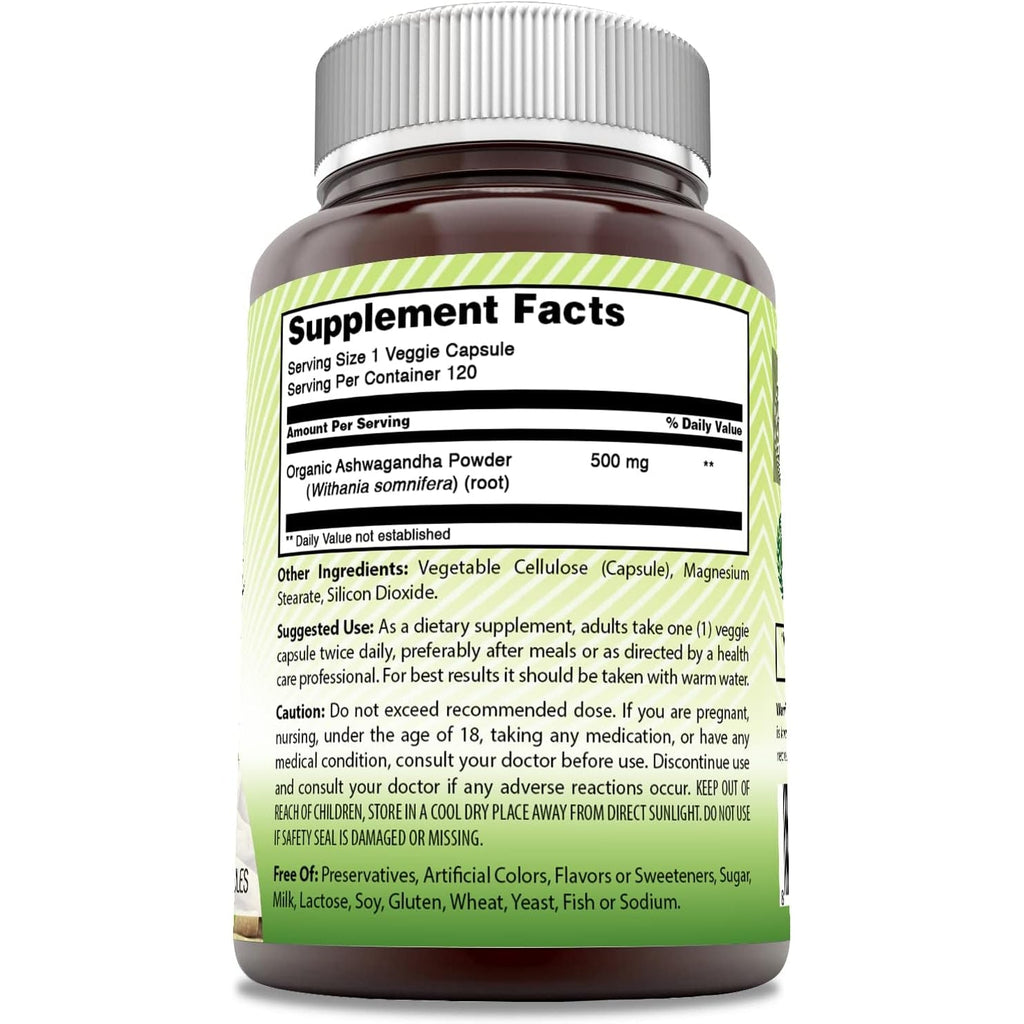Amazing India Ashwagandha Supplement | 500 Mg per Serving | 120 Veggie Capsules | Non-Gmo | Gluten Free | Made in USA | Ideal for Vegetarians