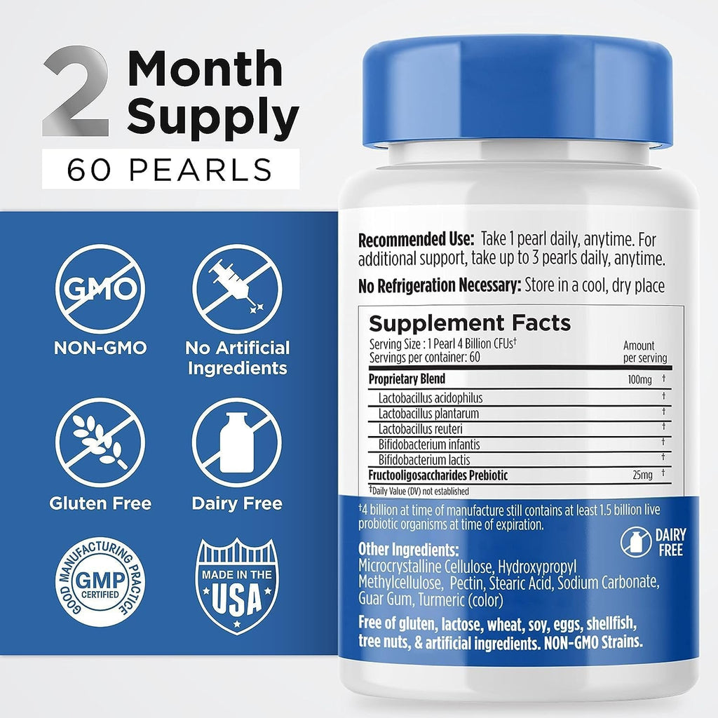 Earth'S Pearl Probiotics for Women & Men & Kids - Pearl-Shaped Probiotic & Prebiotics with Bio-Tract®, 4 Billion CFU, Gut Health Support (60-Day Supply)