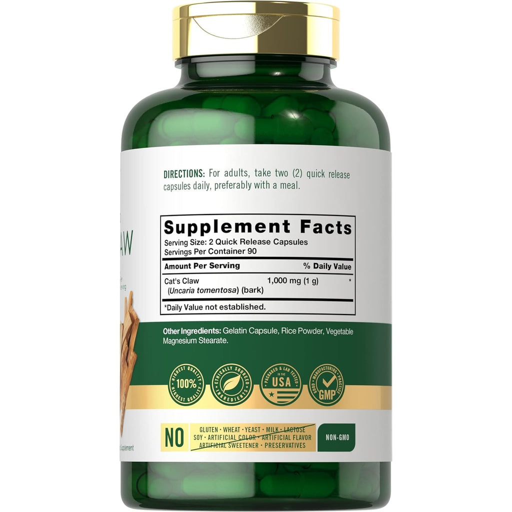 Carlyle Cat'S Claw Herb Capsules 1000Mg | 180 Count | Uncaria Tomentosa | Non-Gmo, Gluten Free Supplement
